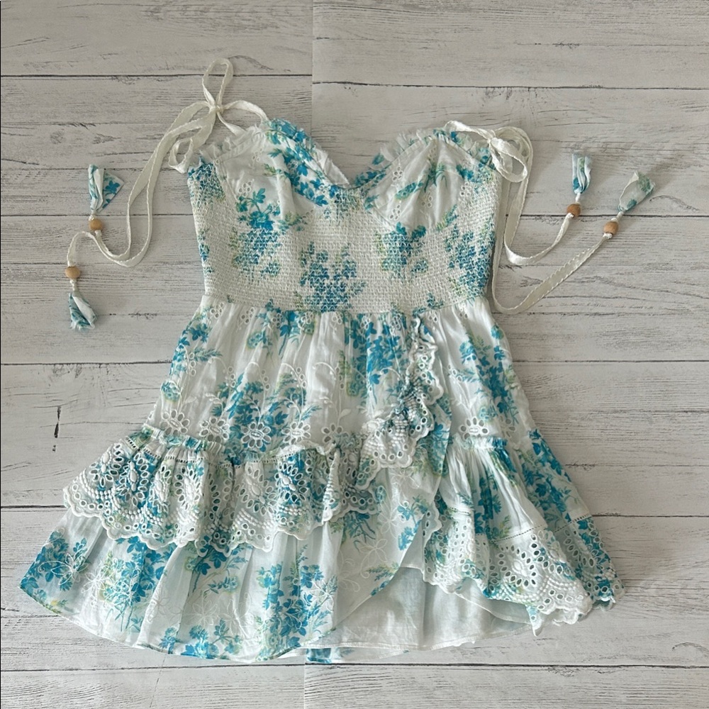 LoveShackFancy Blue and White Floral Mini Dress